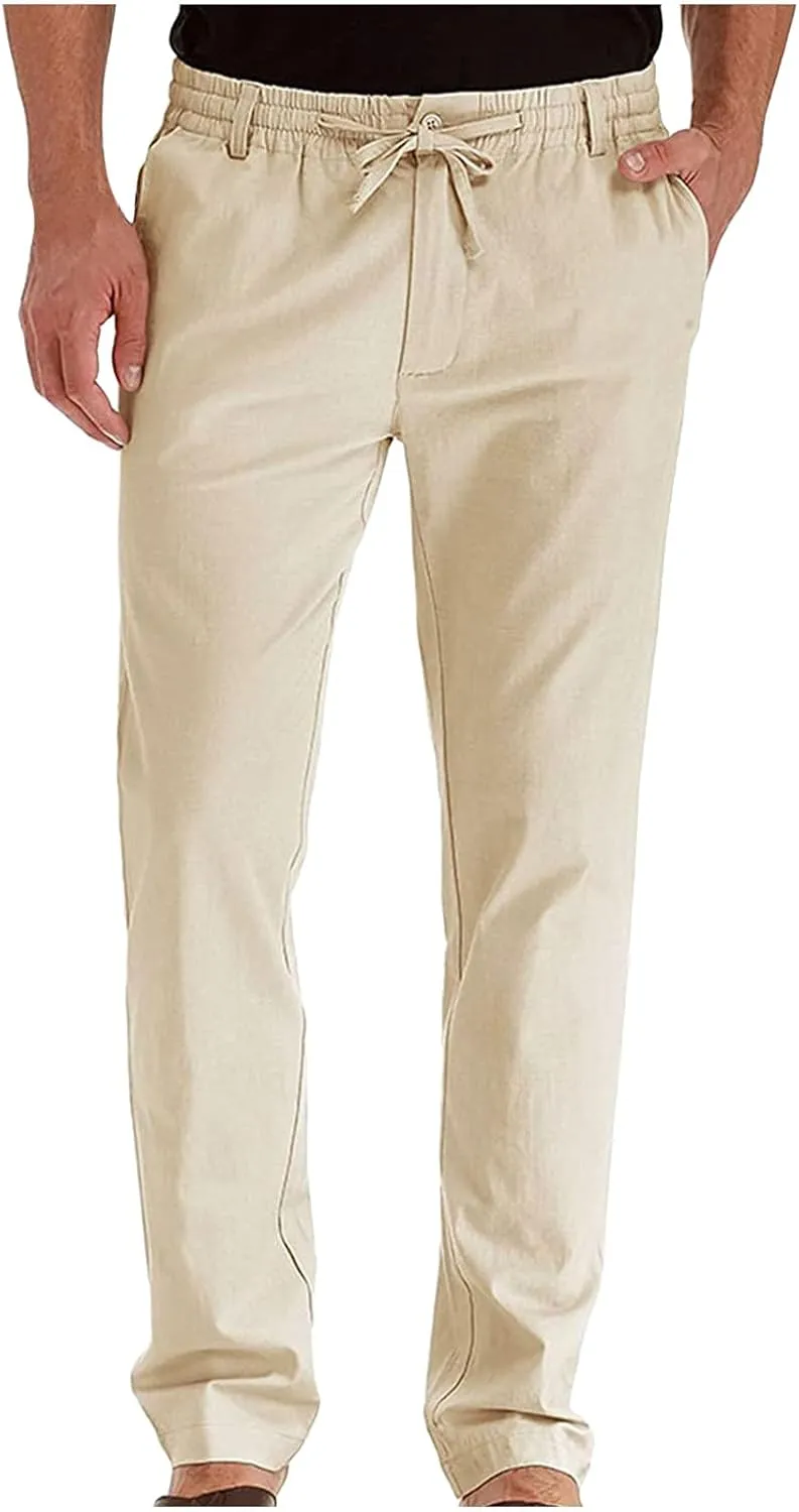 Men's Drawstring Linen Pants Casual Summer Loose Beach Trousers Classic Solid Color Straight-Legs Slim Fit Yoga Pants
