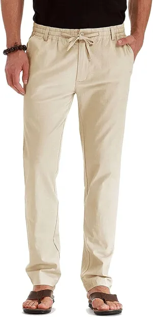 Men's Drawstring Linen Pants Casual Summer Loose Beach Trousers Classic Solid Color Straight-Legs Slim Fit Yoga Pants