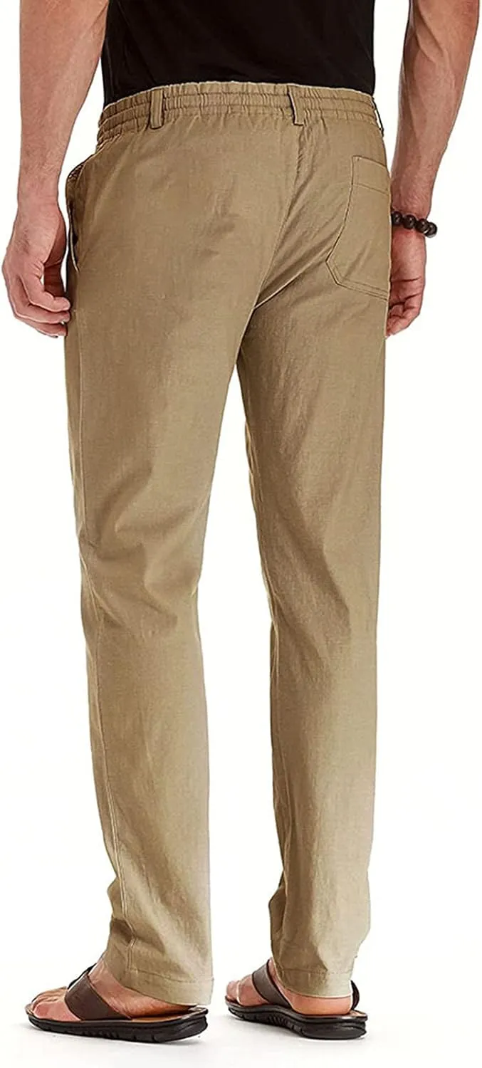 Men's Drawstring Linen Pants Casual Summer Loose Beach Trousers Classic Solid Color Straight-Legs Slim Fit Yoga Pants