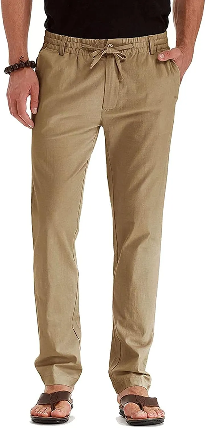 Men's Drawstring Linen Pants Casual Summer Loose Beach Trousers Classic Solid Color Straight-Legs Slim Fit Yoga Pants