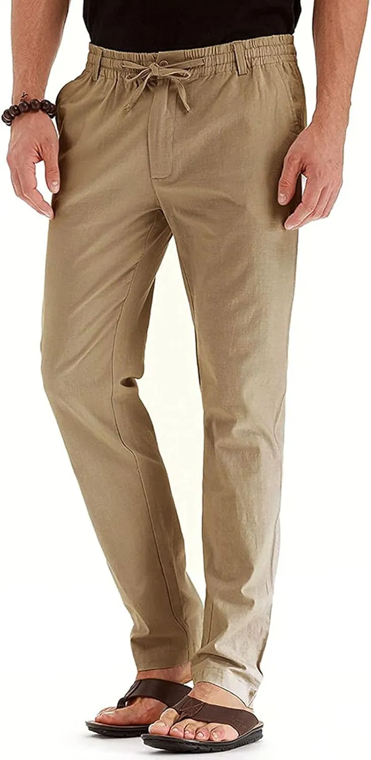 Men's Drawstring Linen Pants Casual Summer Loose Beach Trousers Classic Solid Color Straight-Legs Slim Fit Yoga Pants