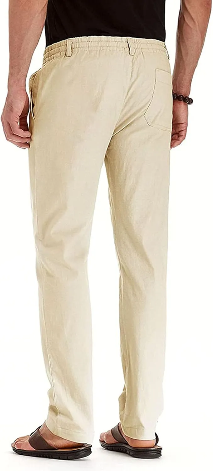 Men's Drawstring Linen Pants Casual Summer Loose Beach Trousers Classic Solid Color Straight-Legs Slim Fit Yoga Pants