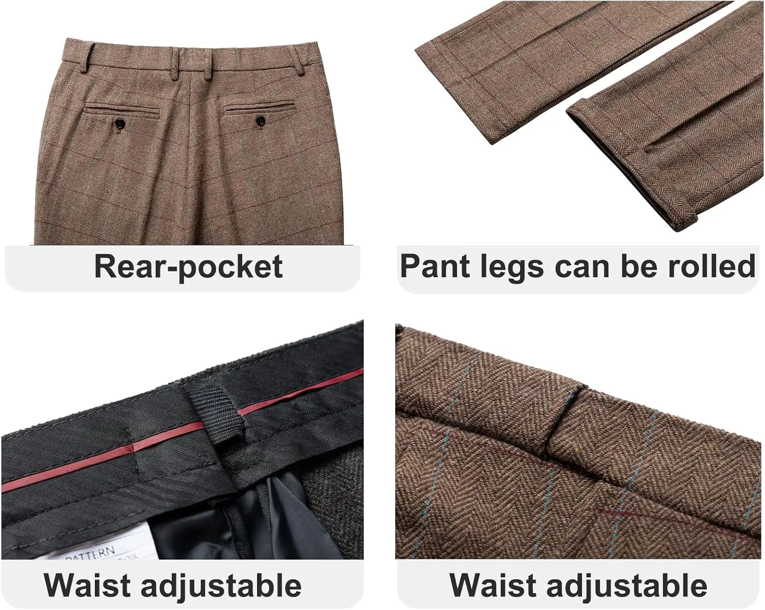 Men's Dress Pants Tweed Plaid Classic Fit Siut Separates Slim Stylish Wool Casual Business Suit Pants