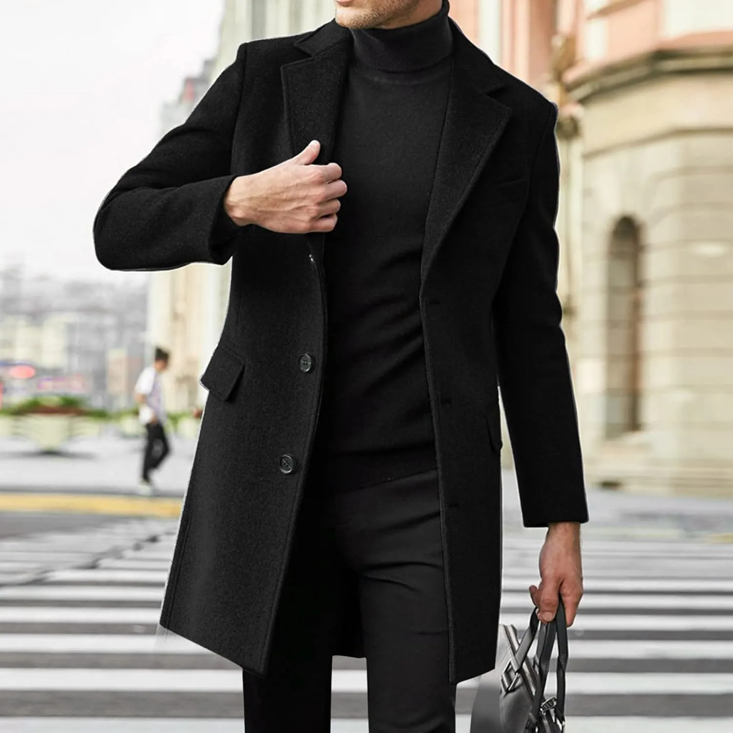 Mens Fall Winter Office Single Breasted Long Dress Wool Coat Overcoat Casual Cotton Blend Trench Coat Overcoat Jackets
