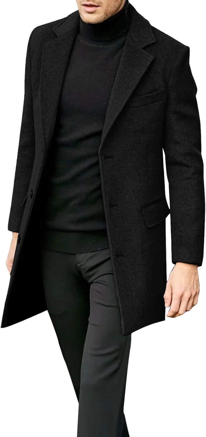 Mens Fall Winter Office Single Breasted Long Dress Wool Coat Overcoat Casual Cotton Blend Trench Coat Overcoat Jackets