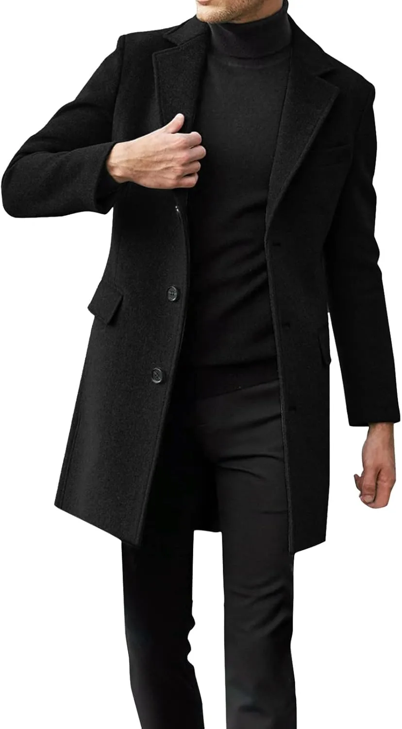 Mens Fall Winter Office Single Breasted Long Dress Wool Coat Overcoat Casual Cotton Blend Trench Coat Overcoat Jackets