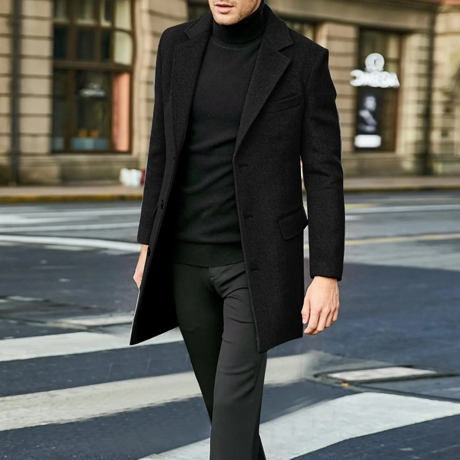 Mens Fall Winter Office Single Breasted Long Dress Wool Coat Overcoat Casual Cotton Blend Trench Coat Overcoat Jackets