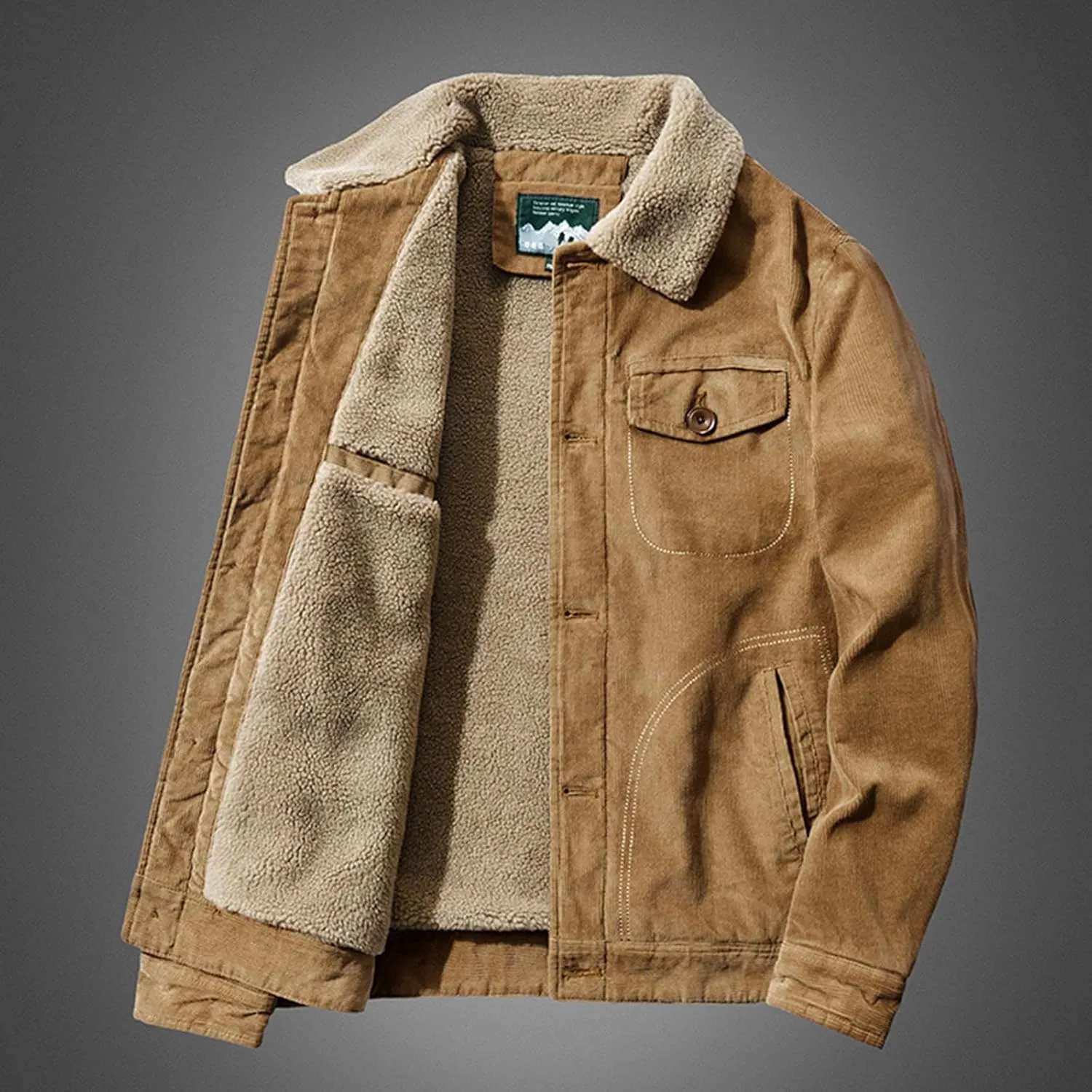 Men's Fleece Heated Jacket Thermal Sherpa Lined Padded Winter Coat Button Lapel Long Sleeve Thicken Warm Outerwear