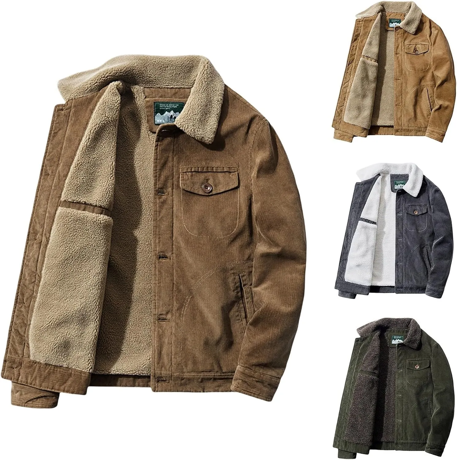 Men's Fleece Heated Jacket Thermal Sherpa Lined Padded Winter Coat Button Lapel Long Sleeve Thicken Warm Outerwear