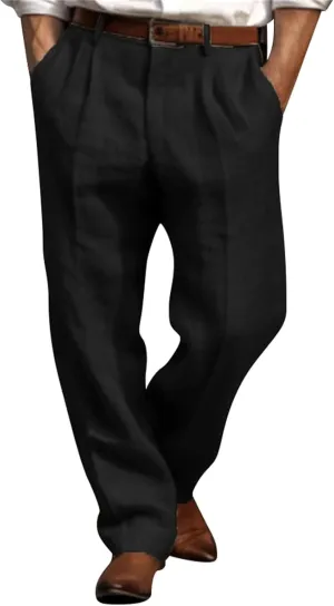 Mens Linen Beach Pants Big Tall Classic Flat Front Chino Pants Casual Lightweight Straight Leg Summer Beach Trouser