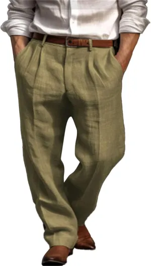 Mens Linen Beach Pants Big Tall Classic Flat Front Chino Pants Casual Lightweight Straight Leg Summer Beach Trouser