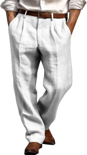 Mens Linen Beach Pants Big Tall Classic Flat Front Chino Pants Casual Lightweight Straight Leg Summer Beach Trouser