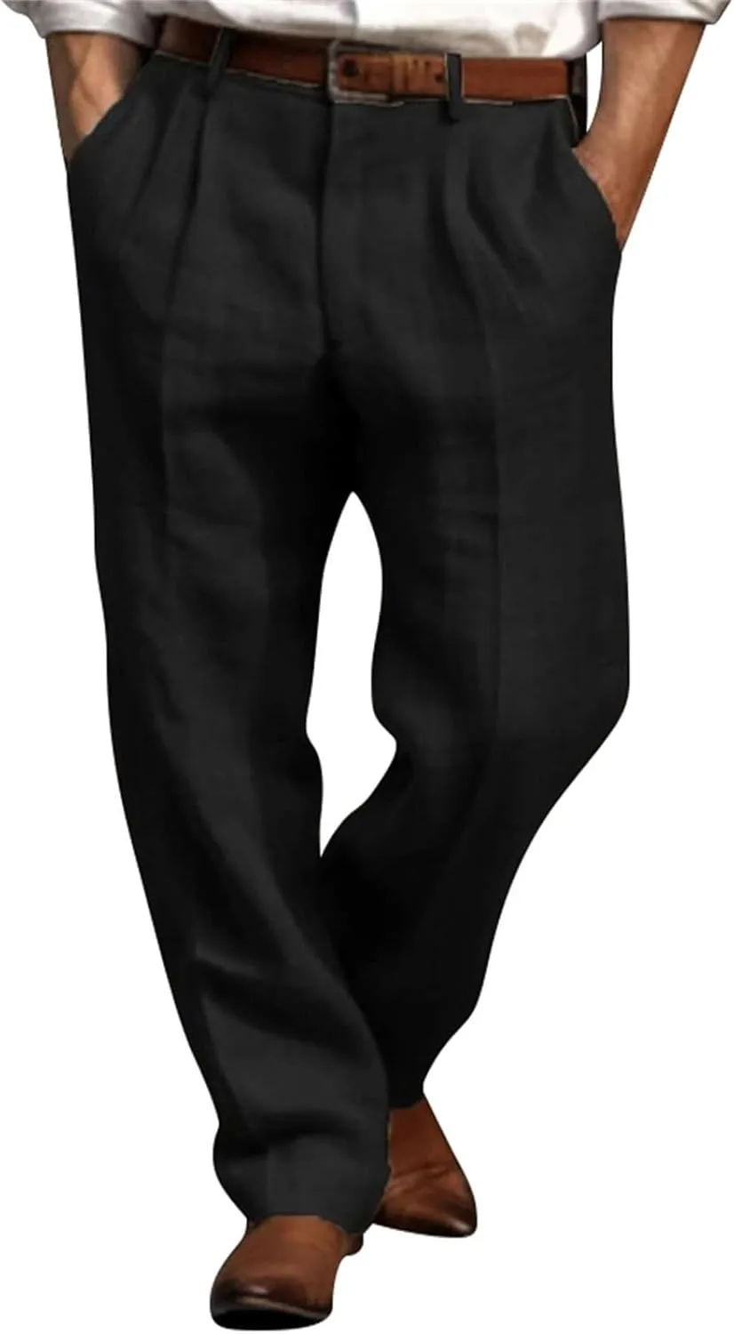 Mens Linen Beach Pants Big Tall Classic Flat Front Chino Pants Casual Lightweight Straight Leg Summer Beach Trouser