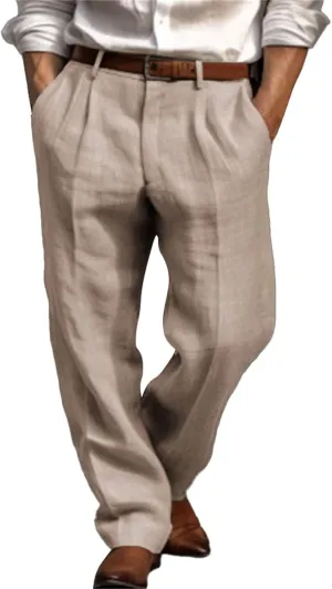 Mens Linen Beach Pants Big Tall Classic Flat Front Chino Pants Casual Lightweight Straight Leg Summer Beach Trouser