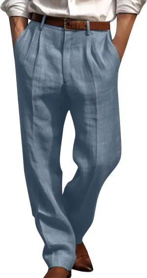 Men's Linen Dress Pants High Waist Lightweight Breathable Relaxed Formal Casual Vacation Daily Pockets