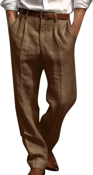 Men's Linen Dress Pants High Waist Lightweight Breathable Relaxed Formal Casual Vacation Daily Pockets