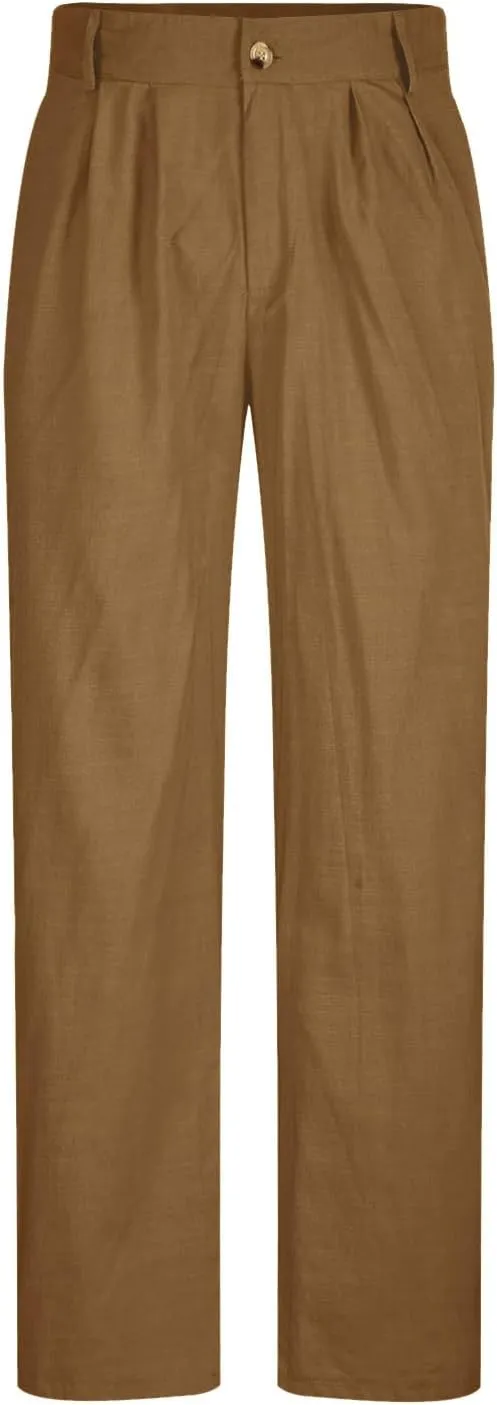 Men's Linen Dress Pants High Waist Lightweight Breathable Relaxed Formal Casual Vacation Daily Pockets