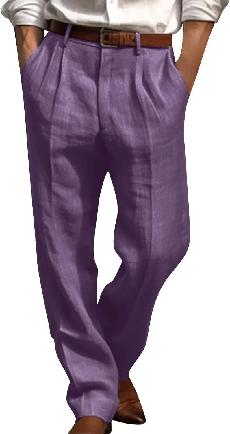 Men's Linen Dress Pants High Waist Lightweight Breathable Relaxed Formal Casual Vacation Daily Pockets