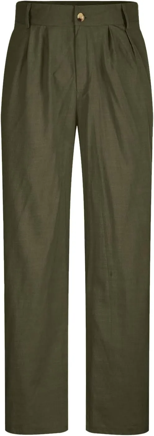 Men's Linen Dress Pants High Waist Lightweight Breathable Relaxed Formal Casual Vacation Daily Pockets