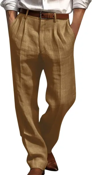 Men's Linen Dress Pants High Waist Lightweight Breathable Relaxed Formal Casual Vacation Daily Pockets