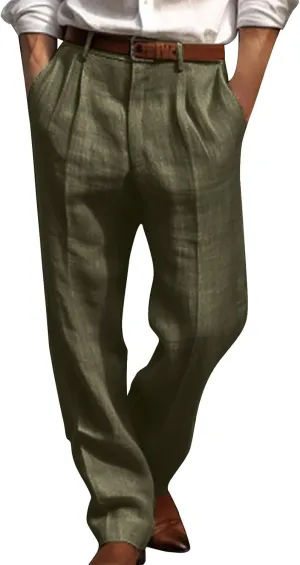 Men's Linen Dress Pants High Waist Lightweight Breathable Relaxed Formal Casual Vacation Daily Pockets