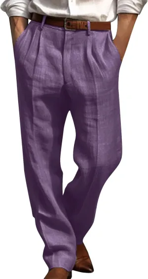 Men's Linen Dress Pants High Waist Lightweight Breathable Relaxed Formal Casual Vacation Daily Pockets
