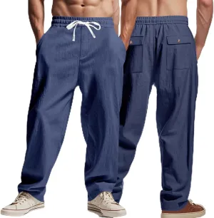 Men's Linen Pants 2 Pack Casual Pant Multipack Summer Outdoor Vacation Beach Trousers Open Bottom Slacks with Pockets