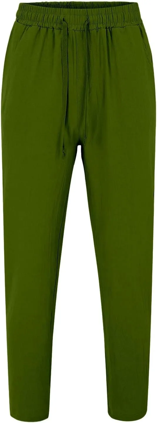 Men's Linen Pants Plain Casual Pant Summer Outdoor Vacation Beach Plus Size Trousers Lightweight Open Bottom Slacks