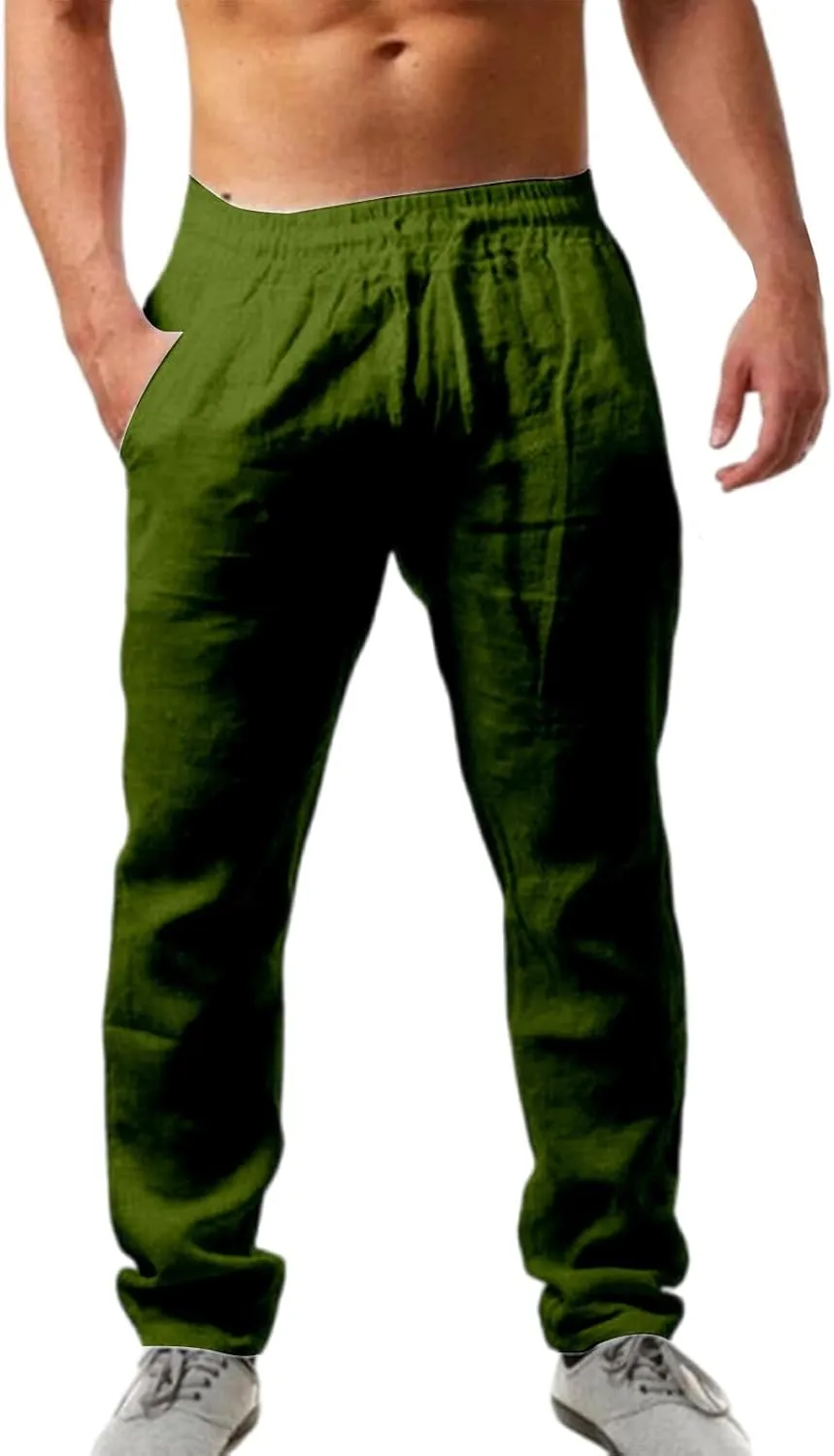 Men's Linen Pants Plain Casual Pant Summer Outdoor Vacation Beach Plus Size Trousers Lightweight Open Bottom Slacks