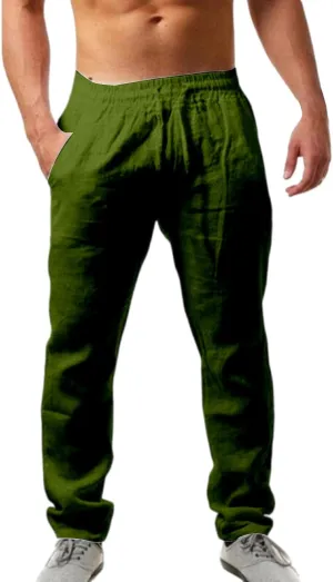Men's Linen Pants Plain Casual Pant Summer Outdoor Vacation Beach Plus Size Trousers Lightweight Open Bottom Slacks