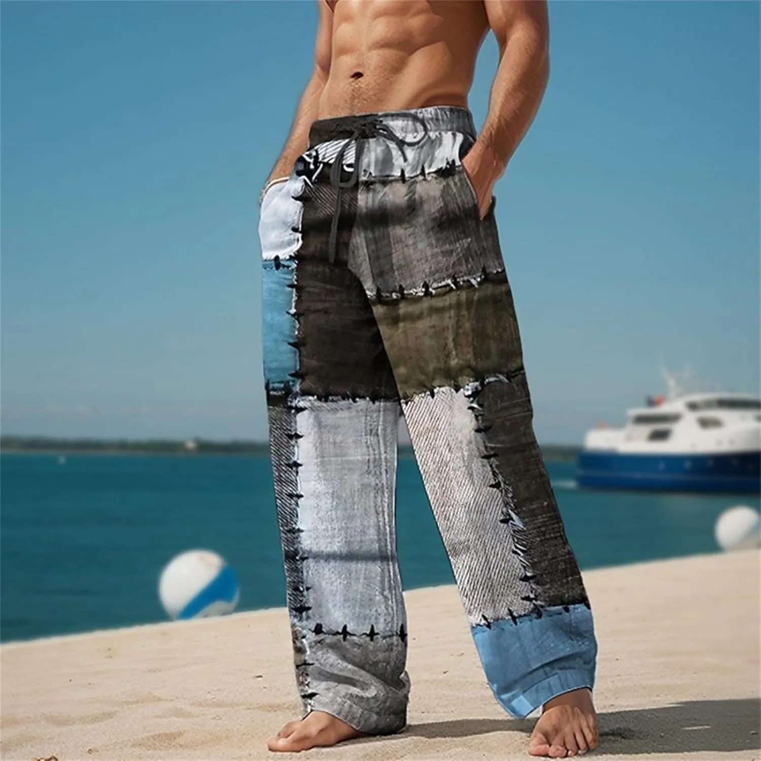 Mens Linen Pants Slim Fit Classic Flat Front Chino Pants Casual Lightweight Straight Leg Summer Beach Trousers