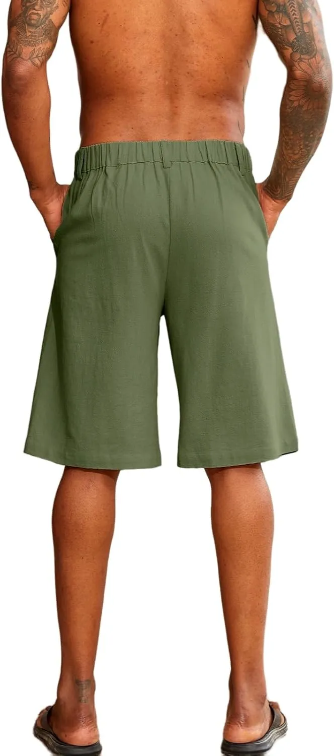 Mens Linen Shorts Button Elastic Waist Slim Fit Hawaii Shorts Casual Classic Fit Summer Beach Golf Short Pants