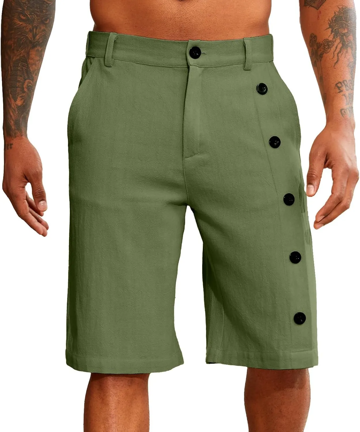 Mens Linen Shorts Button Elastic Waist Slim Fit Hawaii Shorts Casual Classic Fit Summer Beach Golf Short Pants