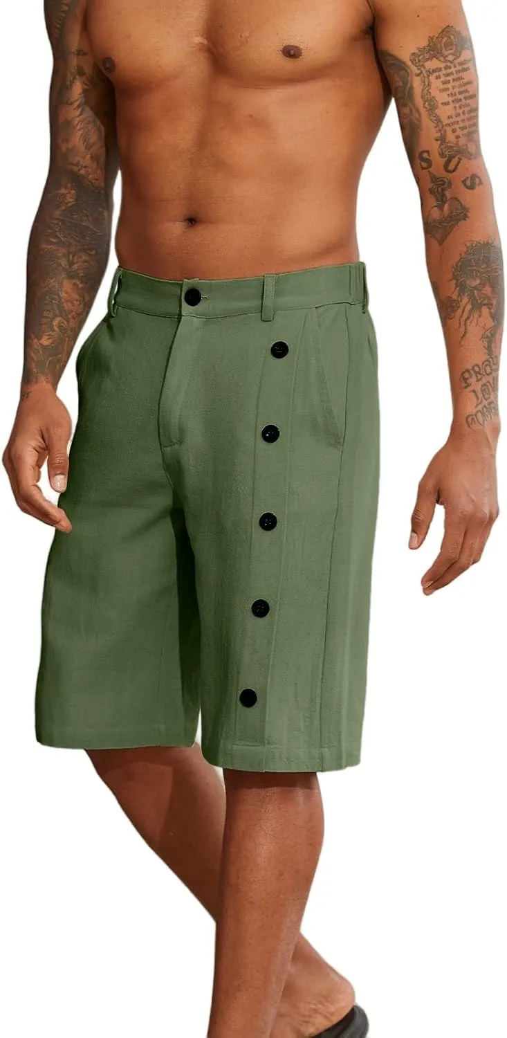 Mens Linen Shorts Button Elastic Waist Slim Fit Hawaii Shorts Casual Classic Fit Summer Beach Golf Short Pants