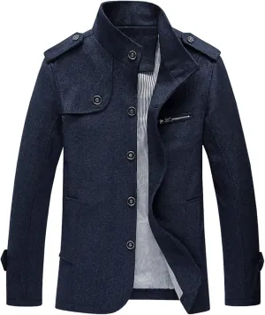 Men's Pea Coats Stand Collar Single-Breasted Trench Jackets Fall Winter Zipper Pocket Work Dress Overcoat Plus Size