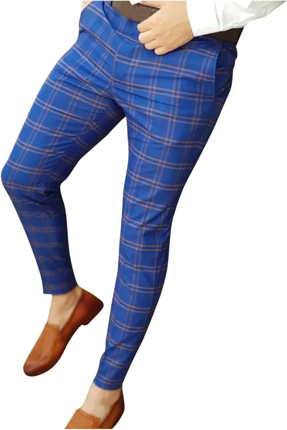 Mens Plaid Chino Pants Skinny Slim Fit Stretchy Checkered Striped Business Casual Dress Pants Straight Tapered Trousers Blue