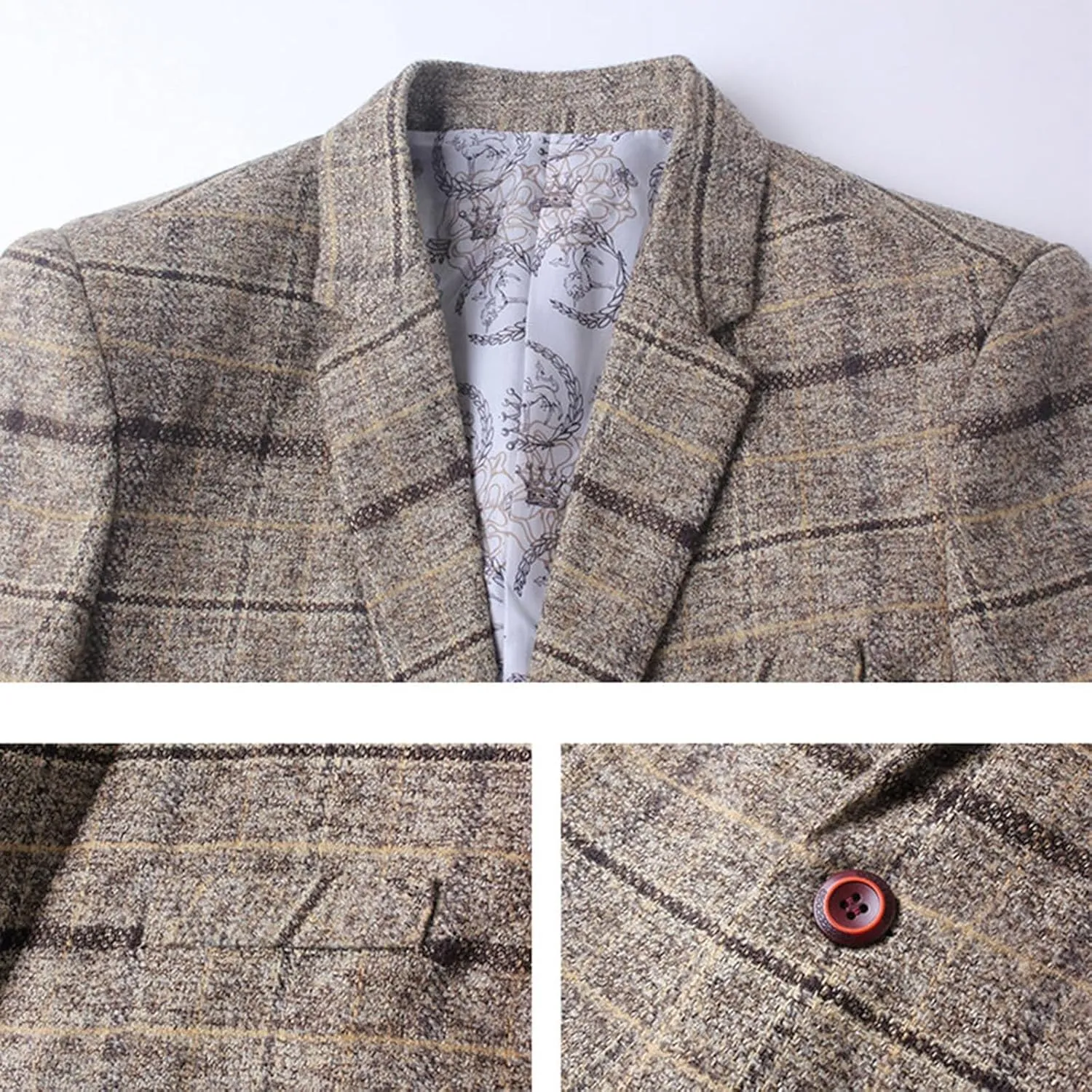 Men's Plaid Fleece Blazer Trendy Lapel Button Work Blazer Casual Slim Fit Business Suit Jacket for Wedding