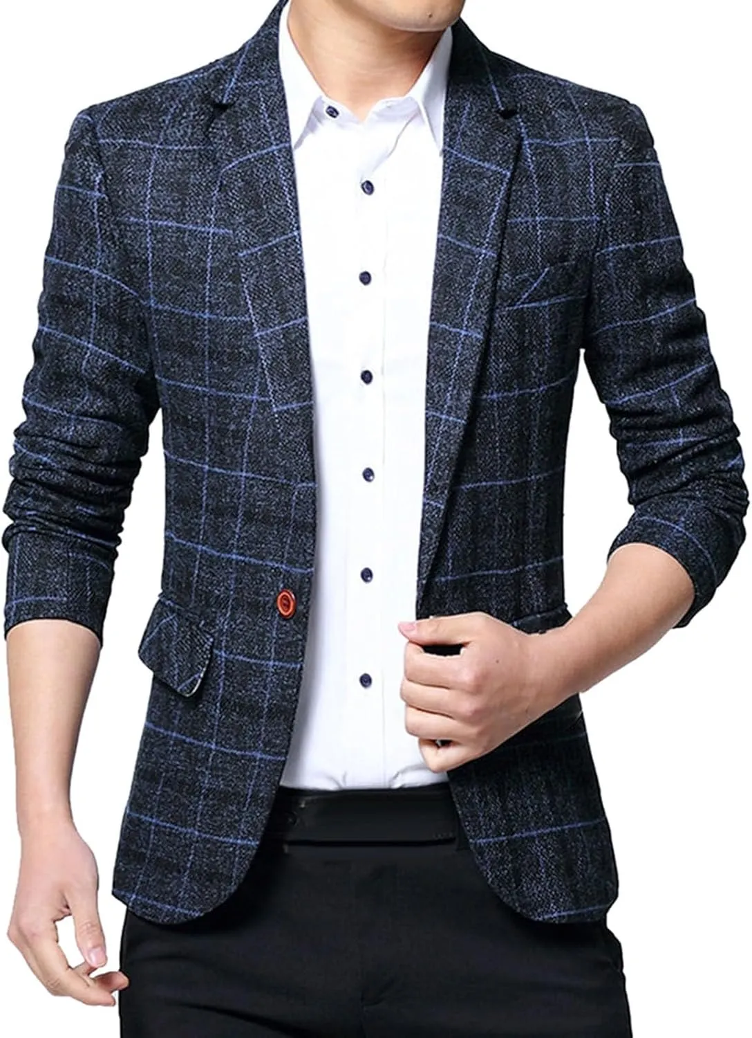 Men's Plaid Fleece Blazer Trendy Lapel Button Work Blazer Casual Slim Fit Business Suit Jacket for Wedding