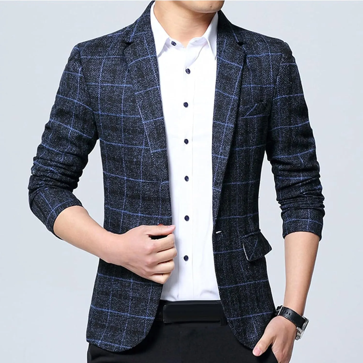 Men's Plaid Fleece Blazer Trendy Lapel Button Work Blazer Casual Slim Fit Business Suit Jacket for Wedding