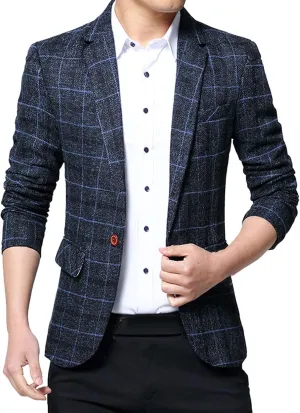 Men's Plaid Fleece Blazer Trendy Lapel Button Work Blazer Casual Slim Fit Business Suit Jacket for Wedding
