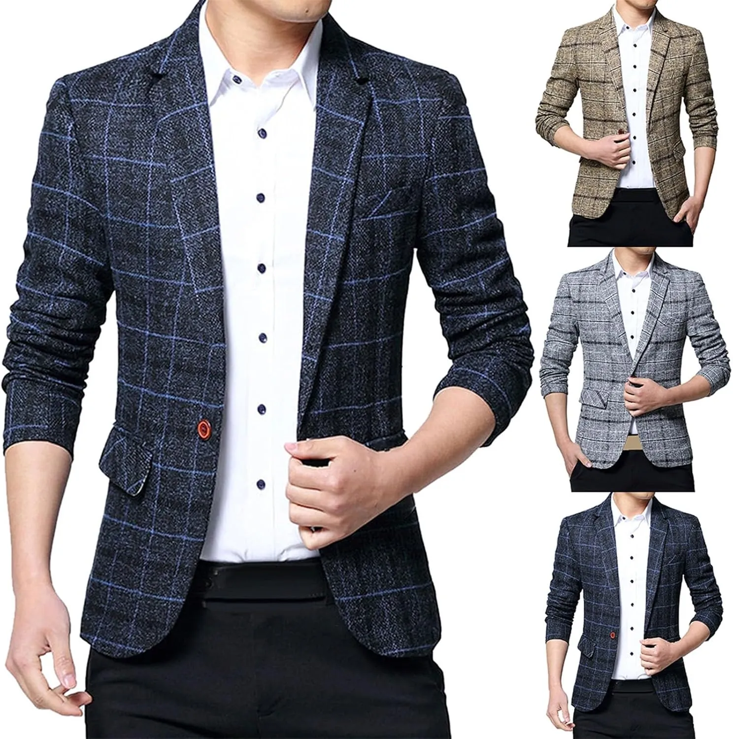 Men's Plaid Fleece Blazer Trendy Lapel Button Work Blazer Casual Slim Fit Business Suit Jacket for Wedding