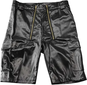 Men's PU Leather Cargo Shorts Knee Length Mid Waisted Slim Fit Zipper Front Short Pants Straight Leg Fashionable Shorts