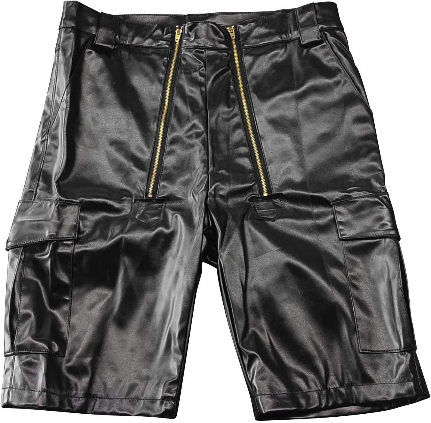 Men's PU Leather Cargo Shorts Knee Length Mid Waisted Slim Fit Zipper Front Short Pants Straight Leg Fashionable Shorts