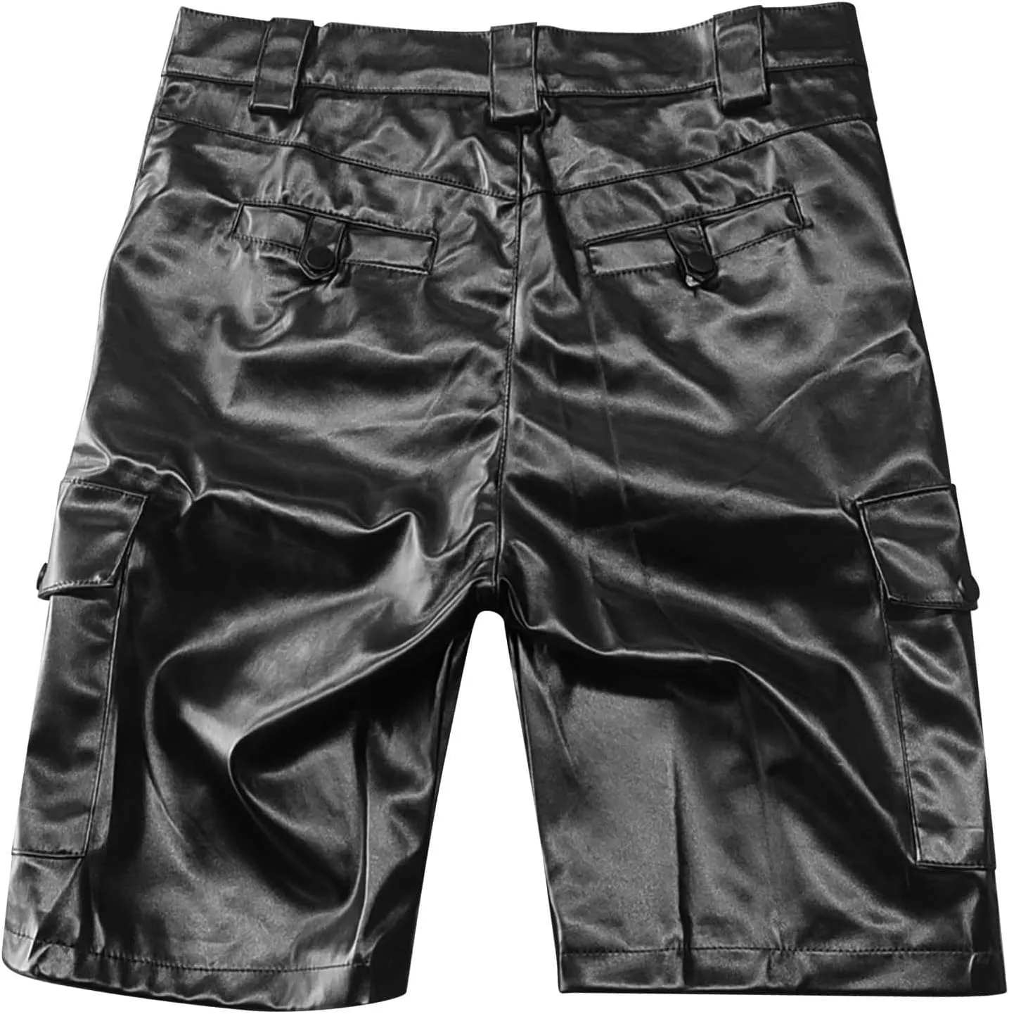 Men's PU Leather Cargo Shorts Knee Length Mid Waisted Slim Fit Zipper Front Short Pants Straight Leg Fashionable Shorts