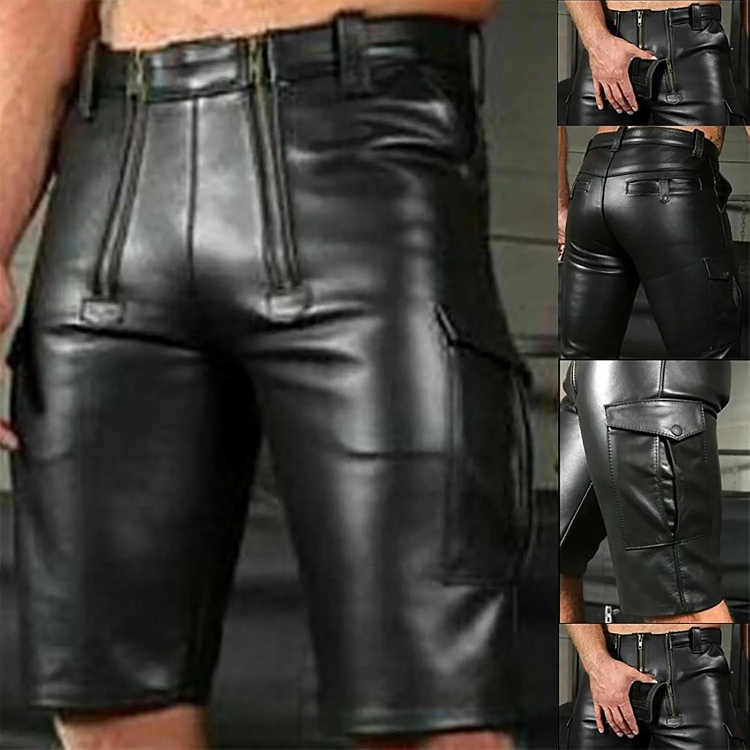 Men's PU Leather Cargo Shorts Knee Length Mid Waisted Slim Fit Zipper Front Short Pants Straight Leg Fashionable Shorts