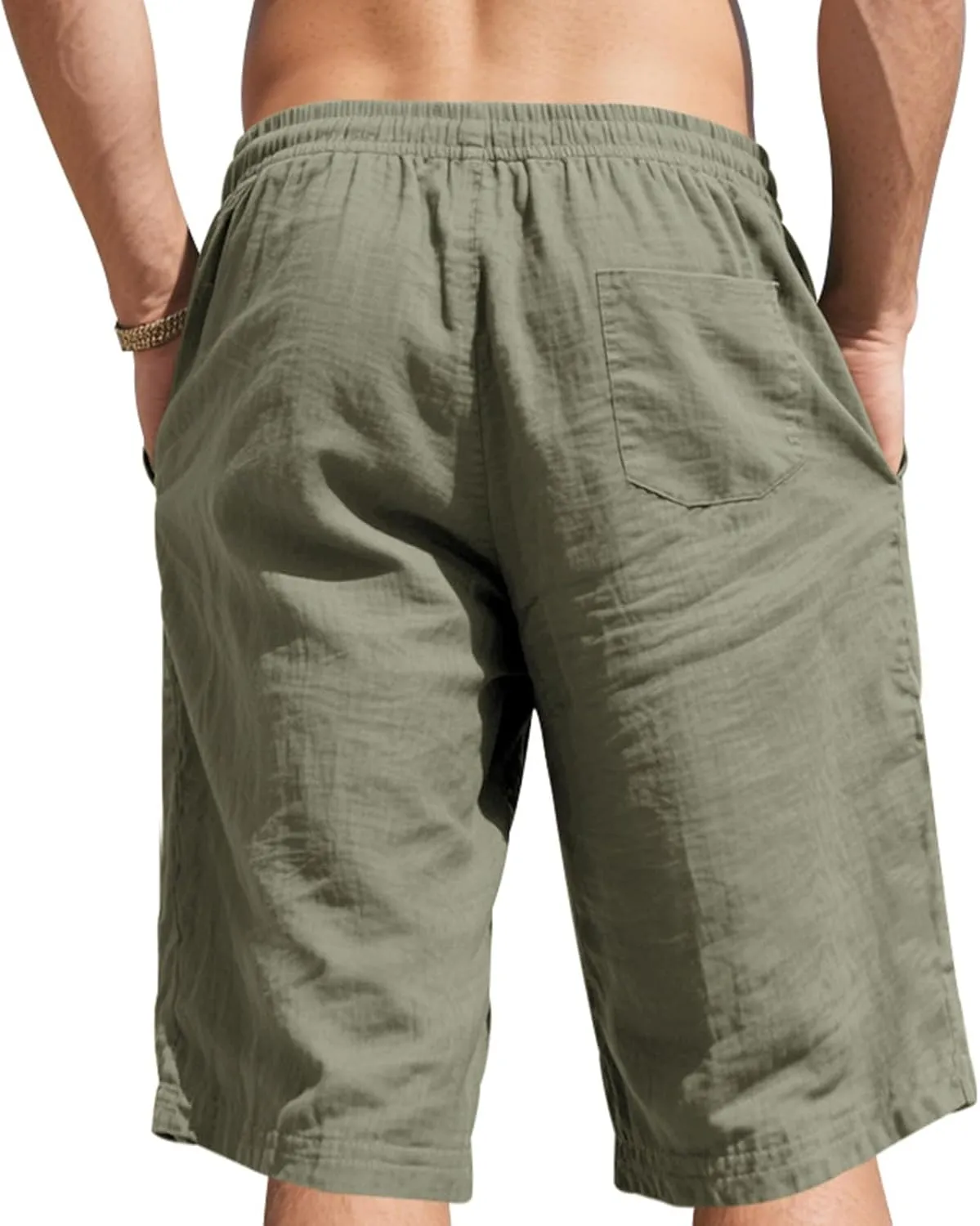 Mens Straight Linen Shorts Drawstring Elasic Waist Casual Simple Breathable Solid Trousers Outdoor Beach Yoga Pants