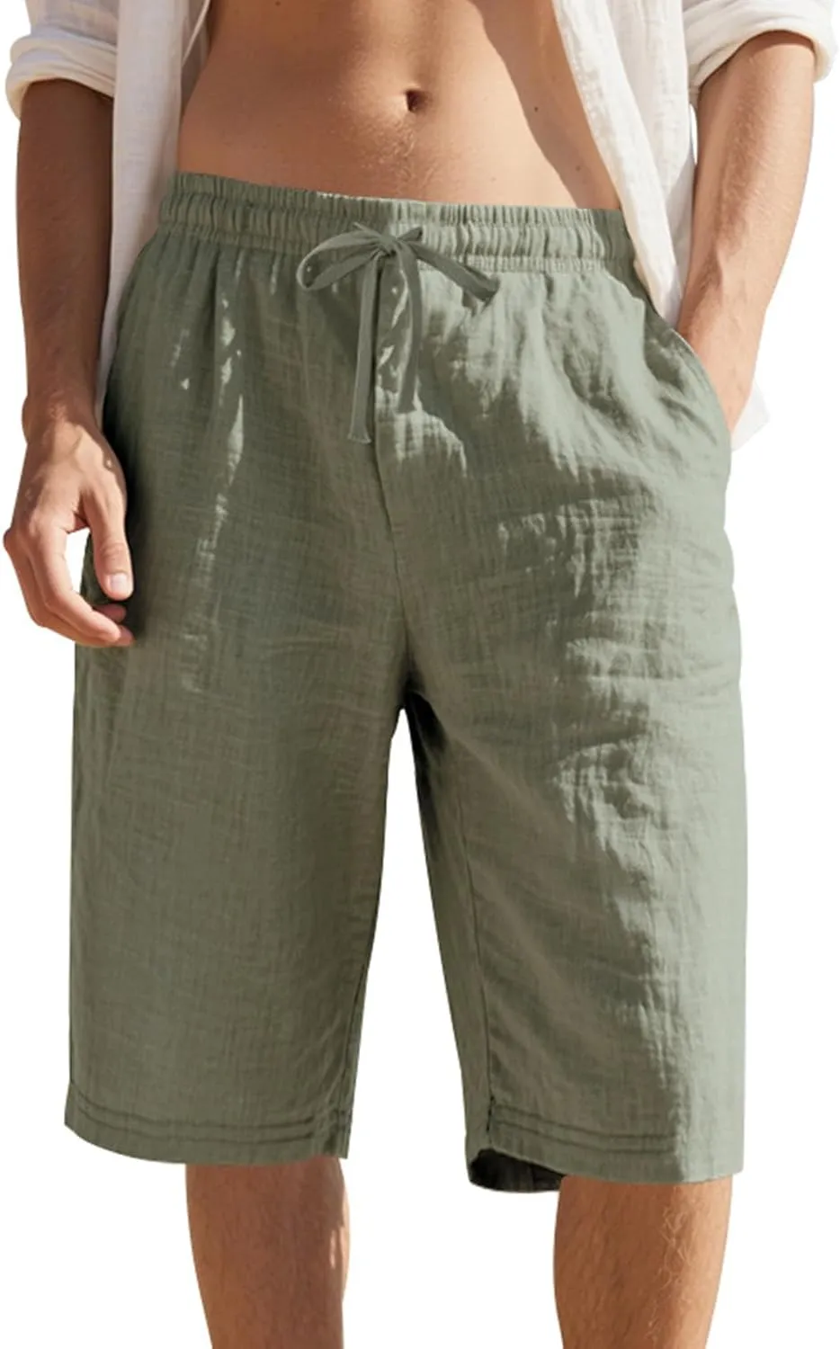 Mens Straight Linen Shorts Drawstring Elasic Waist Casual Simple Breathable Solid Trousers Outdoor Beach Yoga Pants