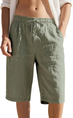 Mens Straight Linen Shorts Drawstring Elasic Waist Casual Simple Breathable Solid Trousers Outdoor Beach Yoga Pants