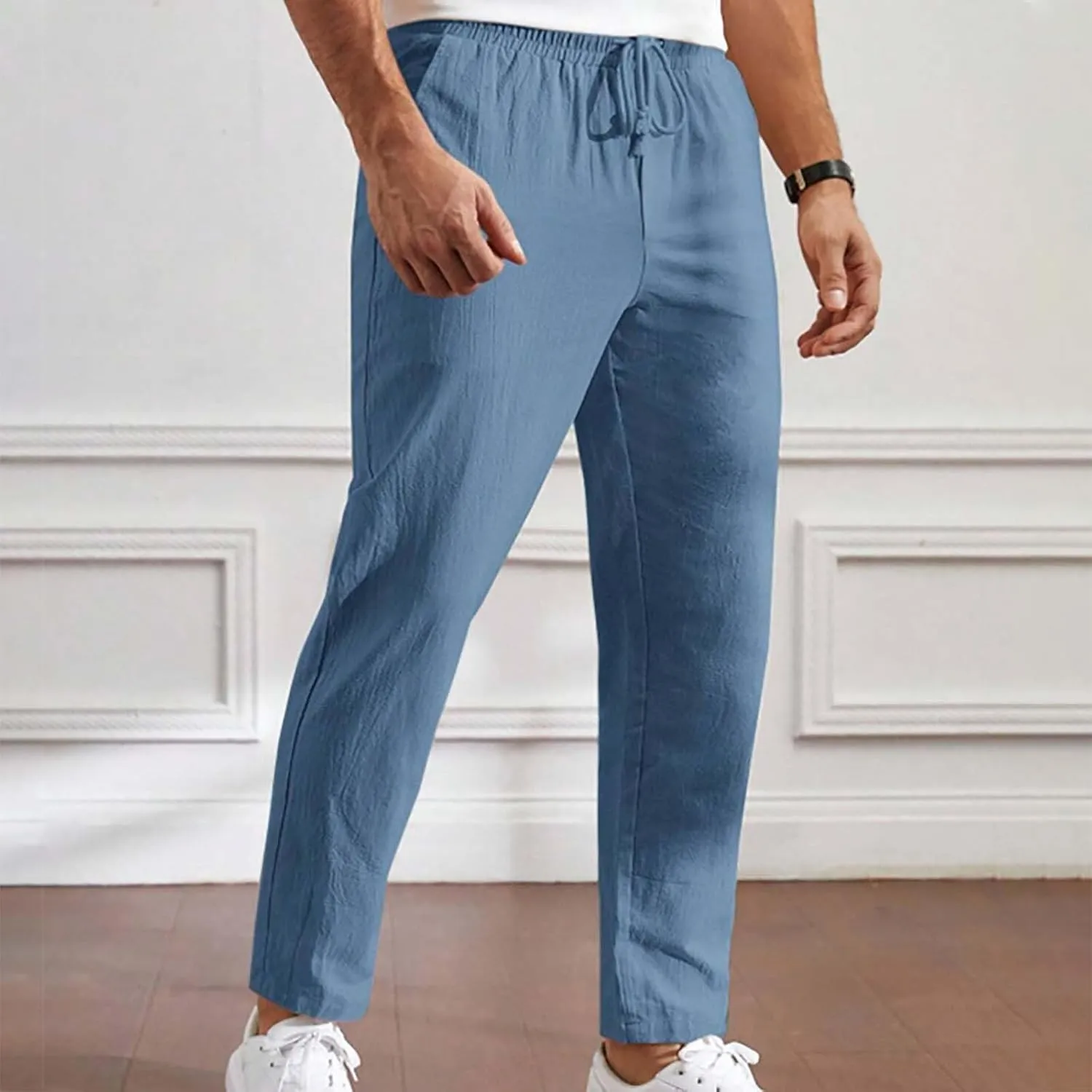 Mens Summer Cropped Pants Casual Elastic Waist Slim Fit Ankle Length Trousers with Pockets Stretch Drawstring Sweatpants