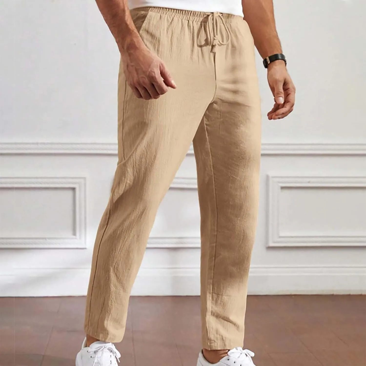 Mens Summer Cropped Pants Casual Elastic Waist Slim Fit Ankle Length Trousers with Pockets Stretch Drawstring Sweatpants